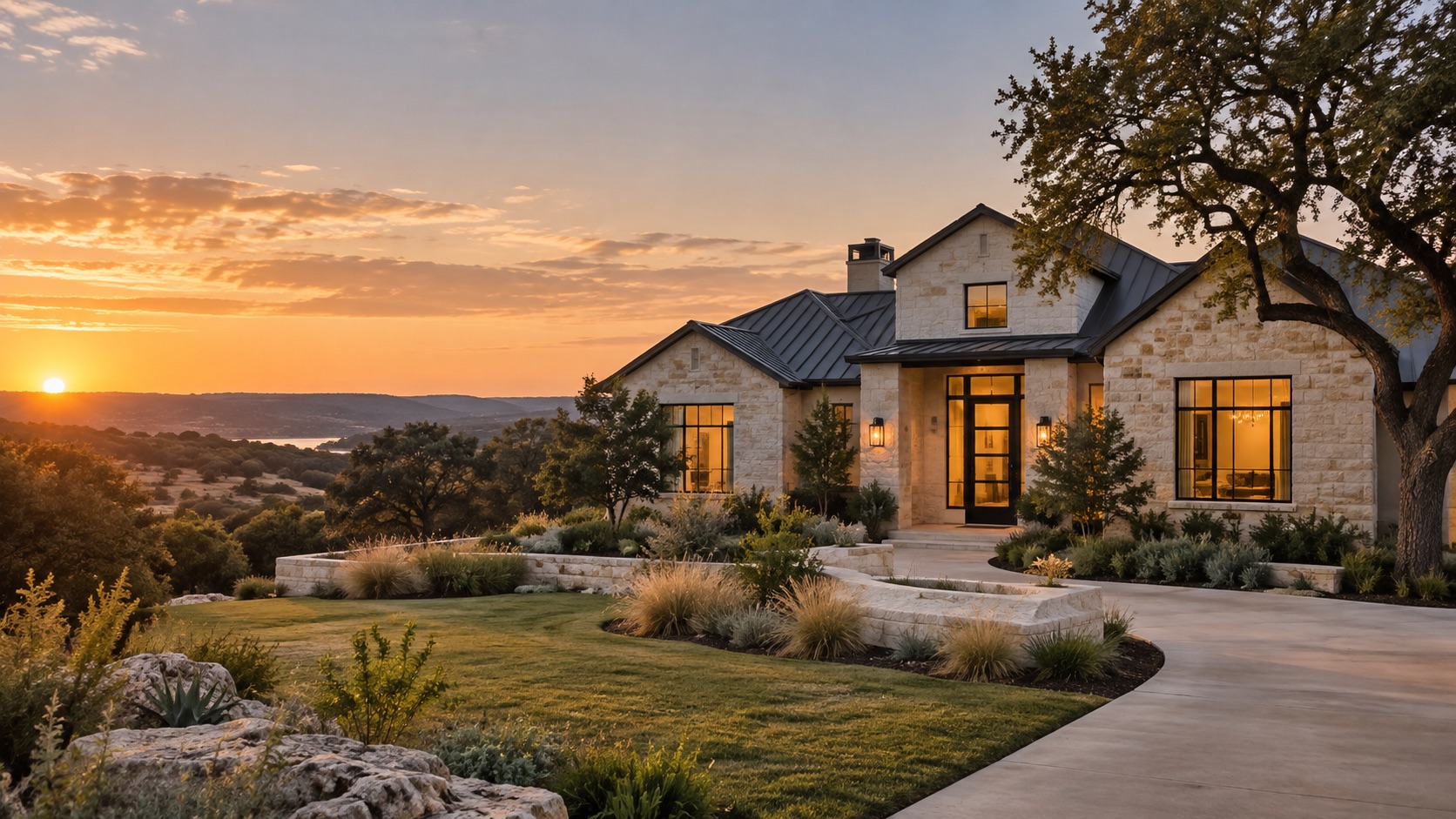 Contemporary limestone Texas home at golden hour